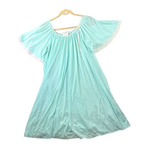 Vtg Miss Elaine Womens USA Sz Sm Nylon Seafoam Nightgown Peignoir Flutter Sleeve - Picture 1 of 8